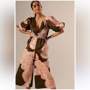ANTHROPOLOGIE Hutch Isa Smocked Puff Sleeve Jumpsuit pink olive green floral
